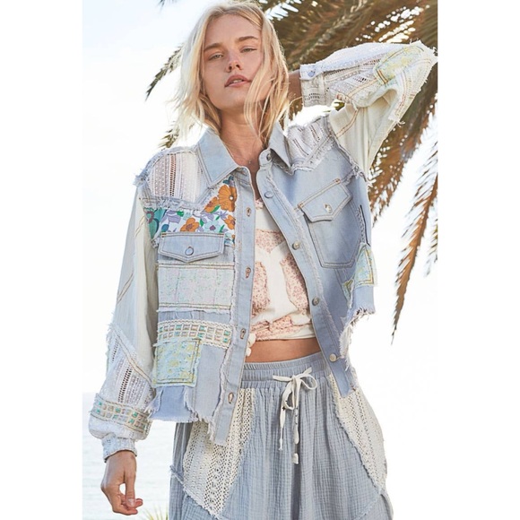 Patchwork Denim and Lace Jacket Distressed Boho Denim Shacket Mixed Floral Lace - Picture 3 of 17